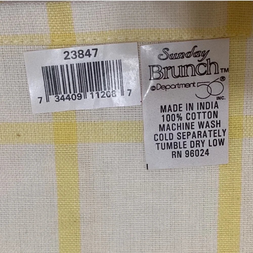 Dept 56 Sunday Brunch Cotton Napkins Set of 4 Yellow Plaid Hen Embroidered 18x18